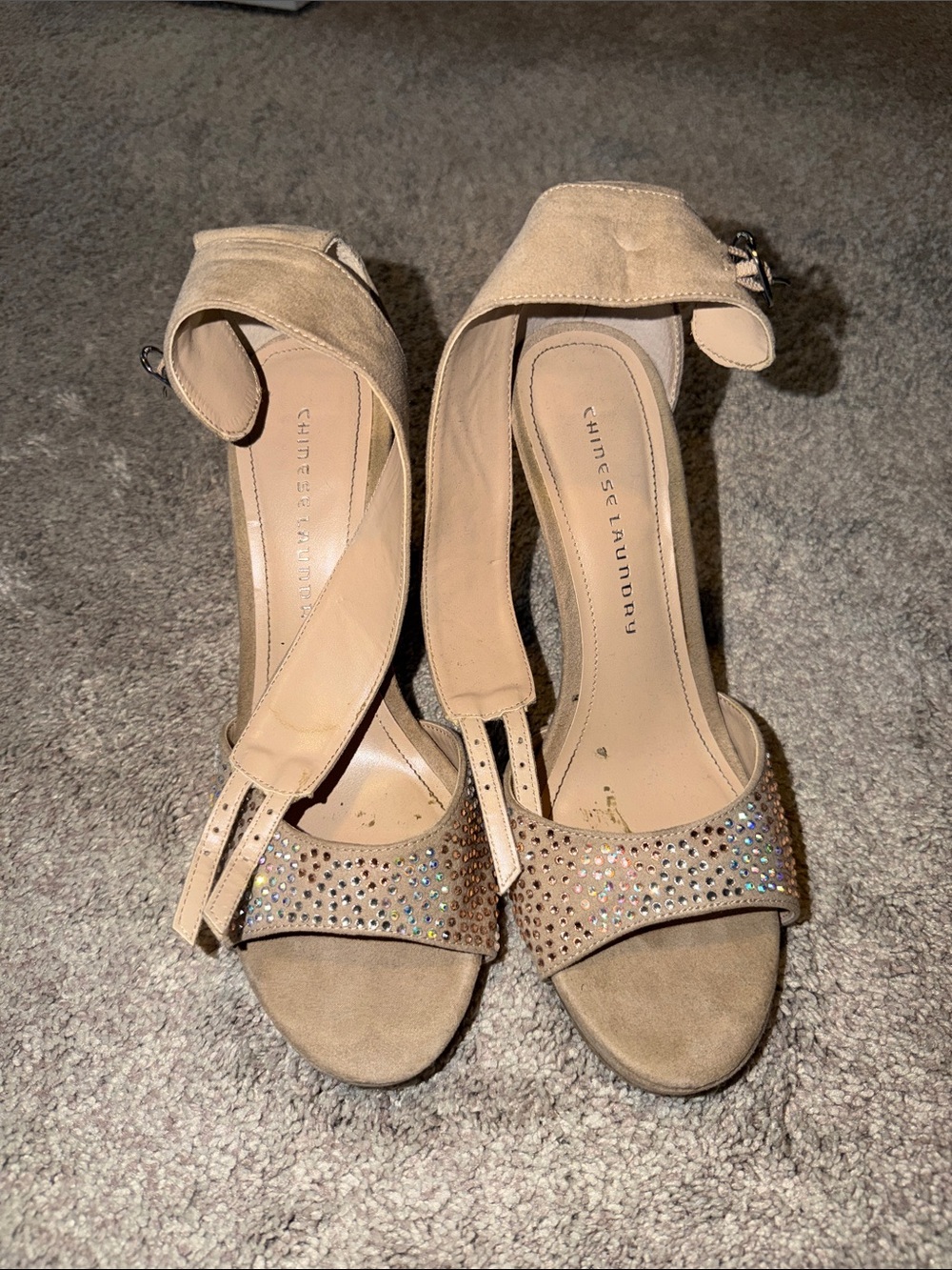 Chinese Laundry Nude Suede Ankle-Strap Heels with Crystal Embellished Front